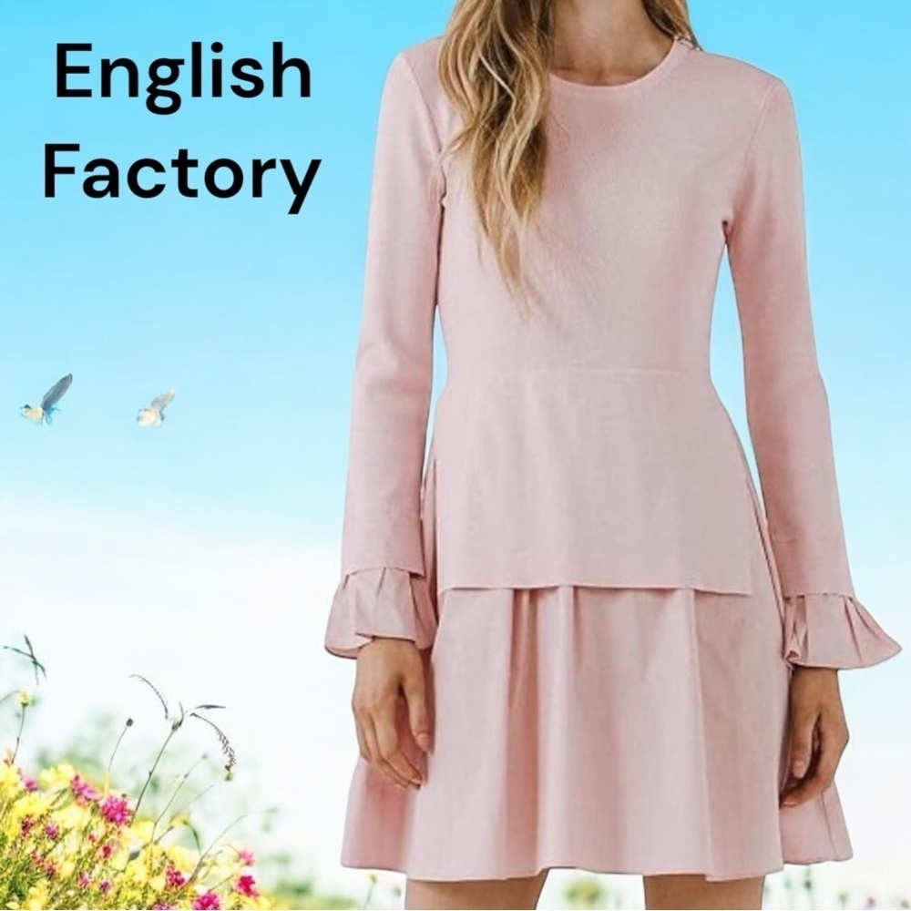 English Factory Women's Pastel Light Cotton Pink Long Ruffle Sleeve Midi Dress